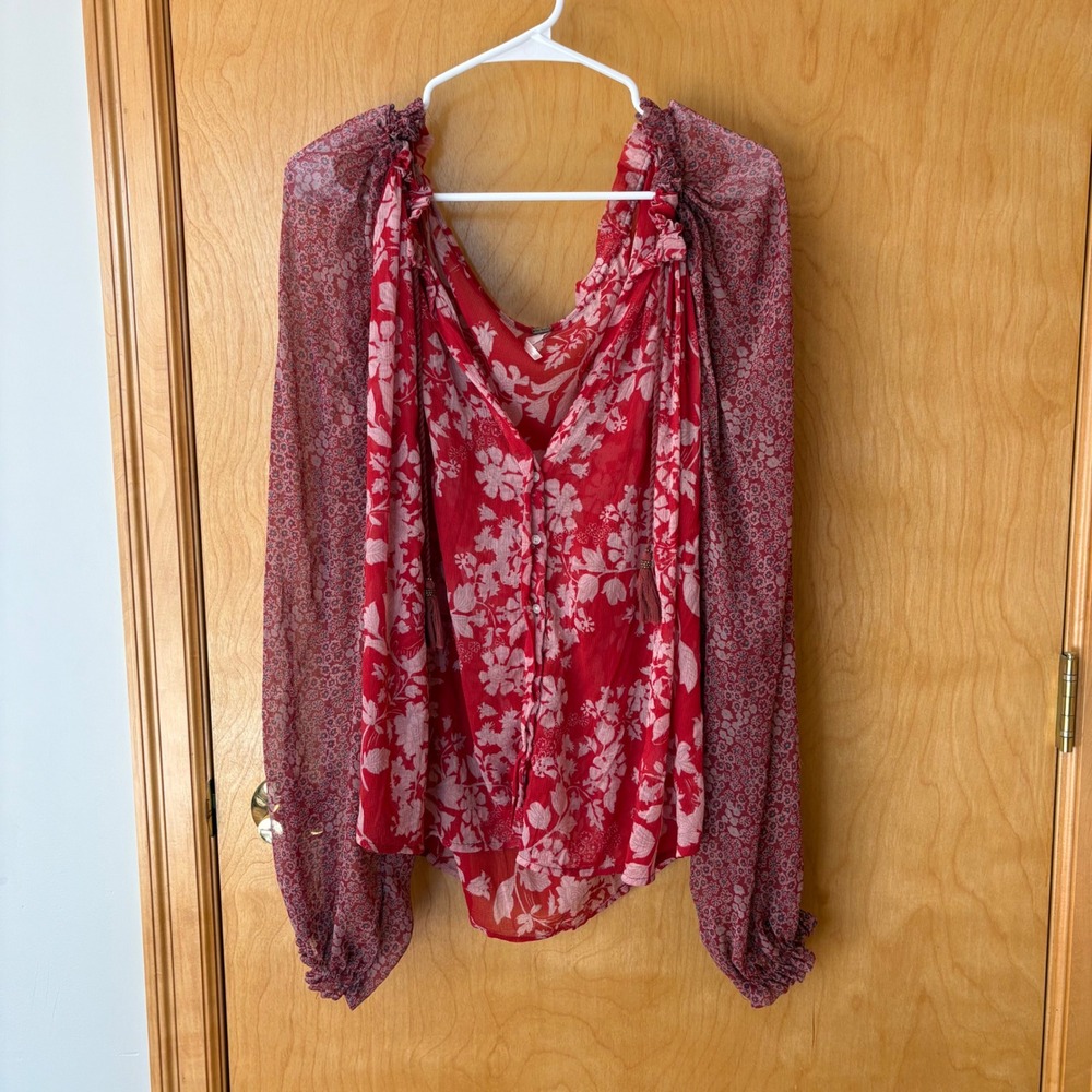 Free People Blouse Women Medium Red Floral Sheer Tassel Balloon Sleeve Top